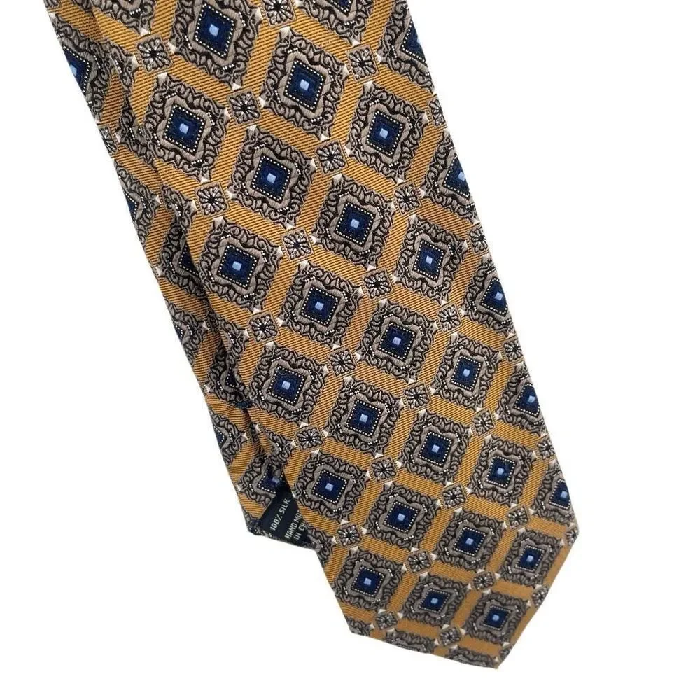 Jos A Bank Signature Collection 100% Silk Gold Blue Medallion Geometric Tie